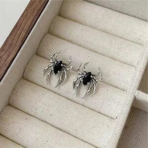 Needle Gothic Black Spider Charm Stud Earrings Gift Jewelry 925 Silver